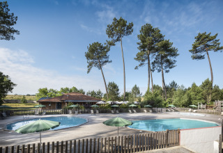 Espace piscine extérieur avec parasols et grands arbres au glamping Huttopia Landes Sud en Aquitaine.