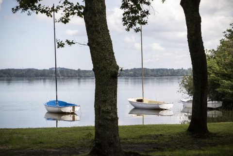 Barche a vela galleggiano sul tranquillo lago vicino a Huttopia Landes Sud - Glamping Aquitaine e natura.