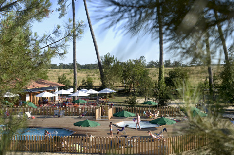 Blick auf Huttopia Landes Sud - Glamping Aquitaine mit Pool, Sonnenliegen und Sonnenschirmen in der Natur.