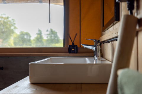 Lavabo moderno con grifo en una safari lodge en Vakantiepark IJsselhof, vista a la naturaleza por la ventana.