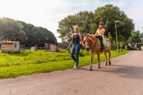 Mujer guía a un caballo con un niño montando por un camino en el glamping Safarilodges Noord-Holland.