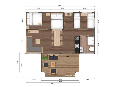 Plano de la glamping 'Vakantiepark IJsselhof - Safarilodges Noord-Holland' con dormitorios, cocina y terraza.