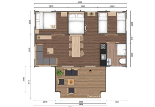 Grundriss der Glamping-Unterkunft 'Vakantiepark IJsselhof - Safarilodges Noord-Holland' mit Schlafzimmern und Terrasse.