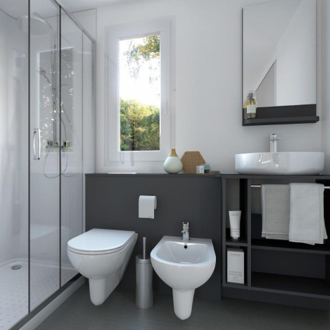 Moderne badkamer bij Terrassencamping Ossiacher See - Stacaravans Karinthië met douche, bidet en wasbak.