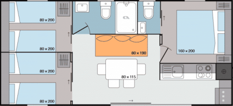 Plan de l’hébergement glamping Terrassencamping Ossiacher See avec lits, salle de bain et cuisine.