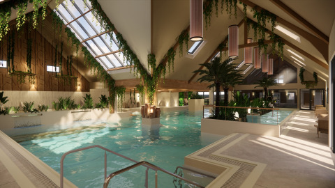 Piscine d’intérieur au Camping Saint Pabu Plage - Glamping Bretagne entourée de plantes luxuriantes.