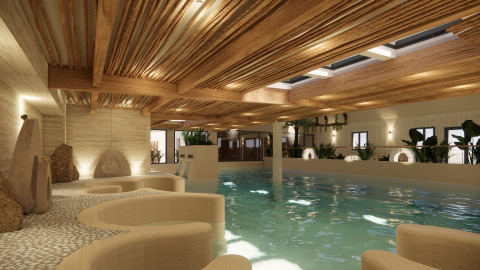 Piscina interior de lujo con decoración natural en Camping Saint Pabu Plage - Glamping Bretagne, Francia.