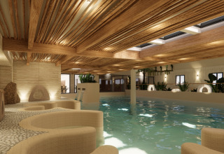 Piscina interior de lujo con decoración natural en Camping Saint Pabu Plage - Glamping Bretagne, Francia.