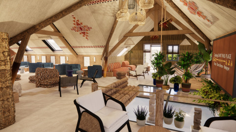 Interior of a glamping accommodation at Camping Saint Pabu Plage with stylish decor, seating, and plants in Brittany.