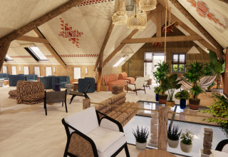 Interior of a glamping accommodation at Camping Saint Pabu Plage with stylish decor, seating, and plants in Brittany.