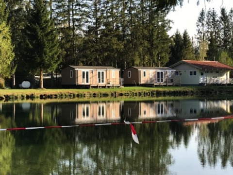 Glamping accommodaties aan het meer bij Camping Ammertal - Stacaravans Beieren, omringd door bomen en bos.