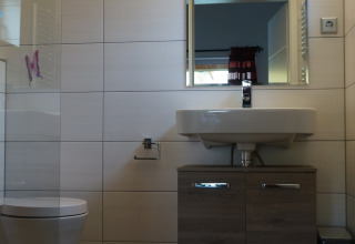 Modernes Badezimmer in Camping Altschmiede - Lodges Rheinland-Pfalz mit Spiegel, Waschbecken und Toilette.