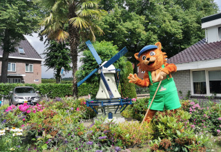 Sjov kattemaskot ved en mini vindmølle og blomsterhave på Vakantiepark De Oude Molen - Safaritent Gelderland.
