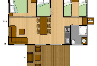 Grundriss der Safaritent Gelderland im Vakantiepark De Oude Molen mit drei Schlafzimmern und Terrasse.