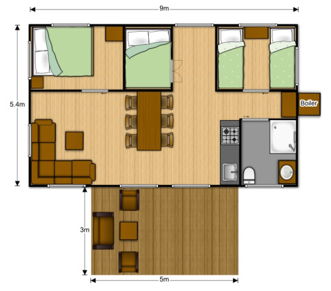 Plattegrond van de Safaritent Gelderland bij Vakantiepark De Oude Molen met drie slaapkamers en terras.