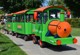 Kleurrijk toeristentreintje in Vakantiepark De Oude Molen - Safaritent Gelderland, kinderen aan boord, groen.