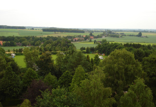 Vista su campi verdi e alberi al Vakantiepark De Oude Molen - Safaritent Gelderland, luogo di glamping.