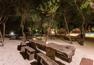 Evening scene at Camping Nono Ban - Safaritenten Brac with rustic wooden tables, benches, hammocks and trees.