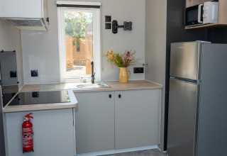 Cocina moderna en Trasimeno Glamping Resort - Cottages Umbrië con nevera, microondas y ventana luminosa.