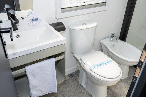Modernes Badezimmer mit Waschbecken, schwarzem Wasserhahn, WC und Bidet im Trasimeno Glamping Resort.