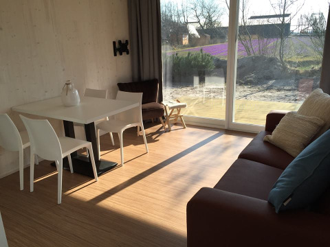 Modern ingerichte glampingaccommodatie met eettafel, sofa en groot raam met uitzicht in Noord-Holland.