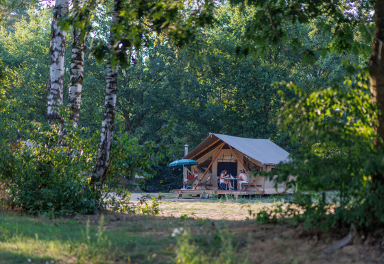 Glamping på Camping Huttopia De Meinweg i Limburg, Holland, med folk der slapper af foran et safaritelte.
