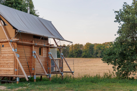Glamping indkvartering ved Camping Huttopia De Meinweg i Limburg med træhytte og udsigt over mark.