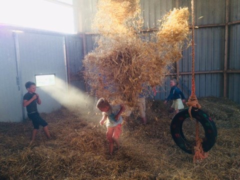 Kinderen spelen in een schuur vol stro bij Boerderij De Boerinn, glamping in Utrecht, Nederland.