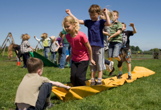 Kinderen spelen buiten op het gras bij Boerderij De Boerinn – Safaritenten Utrecht tijdens een zonnige dag.