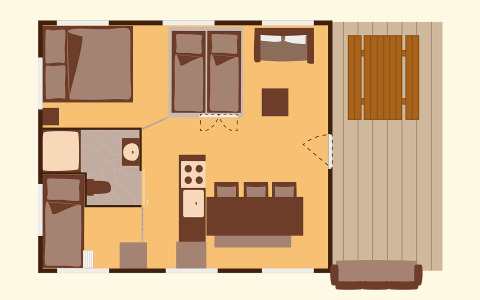Floor plan of Serengeti Park Tongasoa Lodge glamping showing two bedrooms, kitchen, bath and deck.