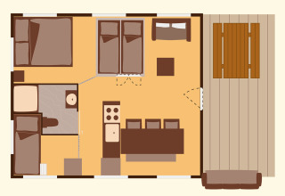 Plano del alojamiento glamping Serengeti Park Tongasoa Lodge con dos dormitorios, baño y terraza.