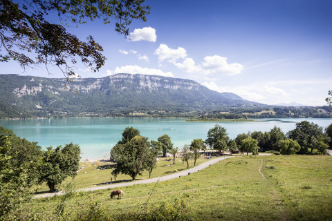 Vue panoramique sur le lac Huttopia Lac d'Aiguebelette - Glamping Savoie, entouré de montagnes et de prairies.