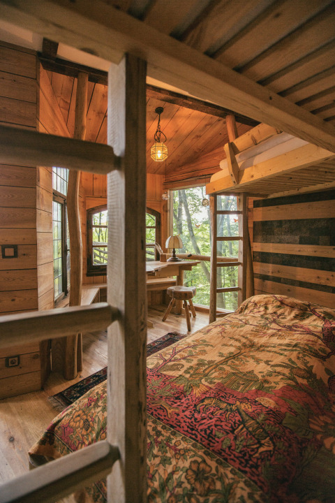Cozy glamping treehouse with wood interior, double bed, writing desk, and forest views.