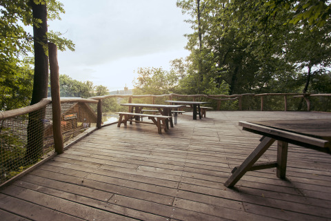 Large wooden terrace with picnic tables in the glamping site Baumhausherberge Robins Nest, surrounded by trees.