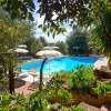 Outdoor pool area with loungers and umbrellas at Agriturismo & Glamping Serraiola Alta in Tuscany, surrounded by greenery.