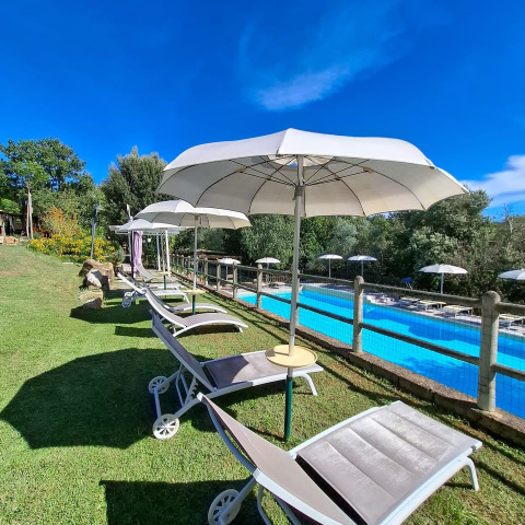 Solrige liggestole og parasoller ved poolen på Agriturismo & Glamping Serraiola Alta i Toscana, Italien.