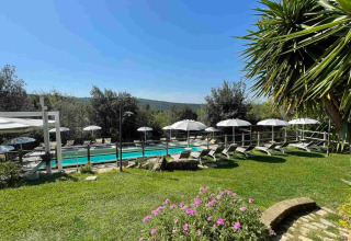 Udendørs swimmingpool med liggestole og parasoller på Agriturismo & Glamping Serraiola Alta i Toscana.