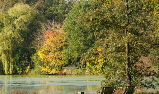 Two lounge chairs by a calm lake surrounded by colorful autumn trees near Borken, North Rhine-Westphalia, Germany.