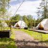 Luxury glamping tents at Landgoed Lindehof – Glamp Lodges Friesland, surrounded by greenery and trees.