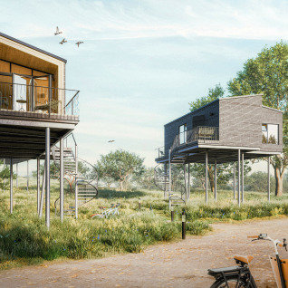 Case sugli alberi moderne su palafitte, Ostsee Baumhaus glamping vicino al Mar Baltico, Schleswig-Holstein.