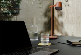 Werkplek met laptop en lamp in Ostsee Baumhaus aan de Oostzee, Boomhutten Sleeswijk-Holstein, natuurzicht.