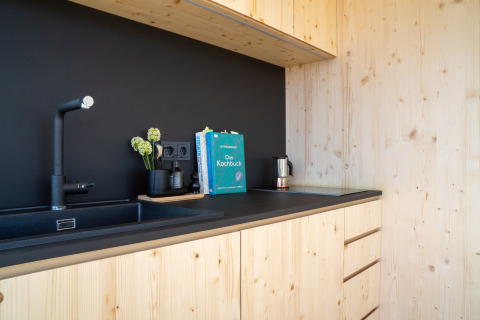 Cocina pequeña moderna de madera clara en Ostsee Baumhaus junto al mar Báltico, con fregadero y decoración.