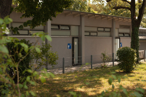 Instalaciones exteriores de baños en Camping Stuttgart Cannstatter Wasen rodeadas de vegetación.