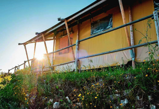 Glamping accommodation at Quinta Vida Verde in Portugal, viewed from a hillside with wildflowers at sunrise.