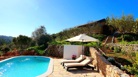 Outdoor pool with sun loungers and umbrella at Quinta Vida Verde - Glamping Portugal, surrounded by greenery.