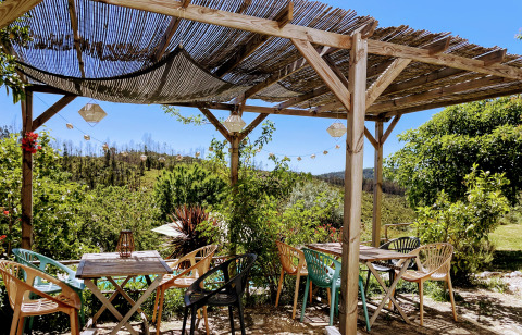 Coin salon extérieur sous une pergola en bois avec vue sur la verdure au Quinta Vida Verde Glamping Portugal.