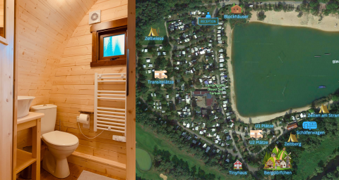 Interieur van een glamping pod met badkamer en kaart van Camping Blauer See Garbsen vlakbij een meer in Nedersaksen.