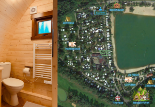 Inde i en glamping pod med badeværelse samt et kort over Camping Blauer See Garbsen ved en sø i Niedersachsen.