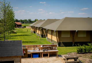 Tende glamping De Rode Vos nel Brabante Settentrionale, Paesi Bassi, con prato e cucina esterna.