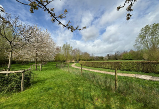 Groene grasvelden en bloeiende bomen bij Urban Gardens Ieper - Glampingtenten West-Vlaanderen glamping.